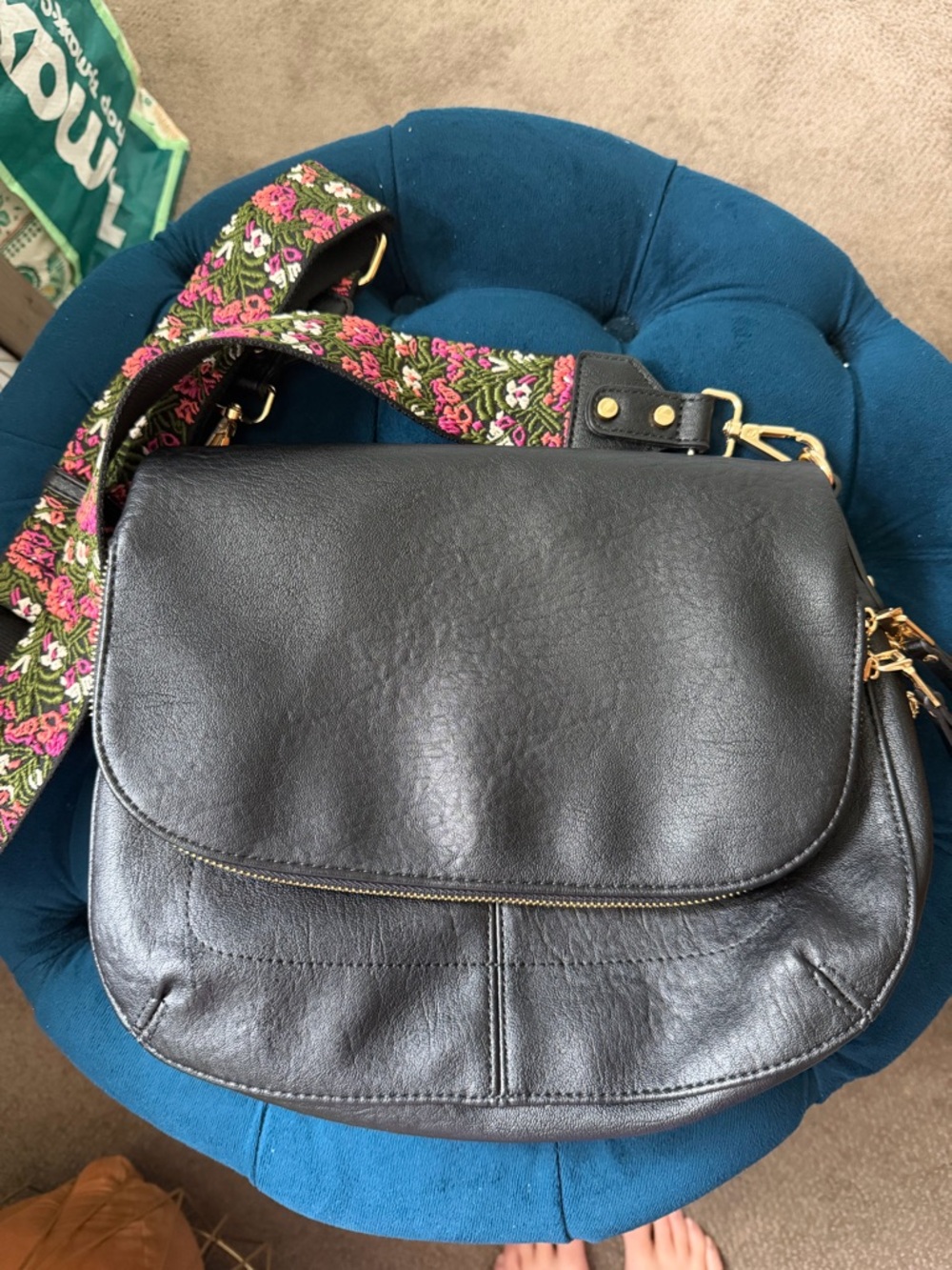 Black Faux Leather Crossbody Bag with Floral Embroidered Strap- excellent cond.